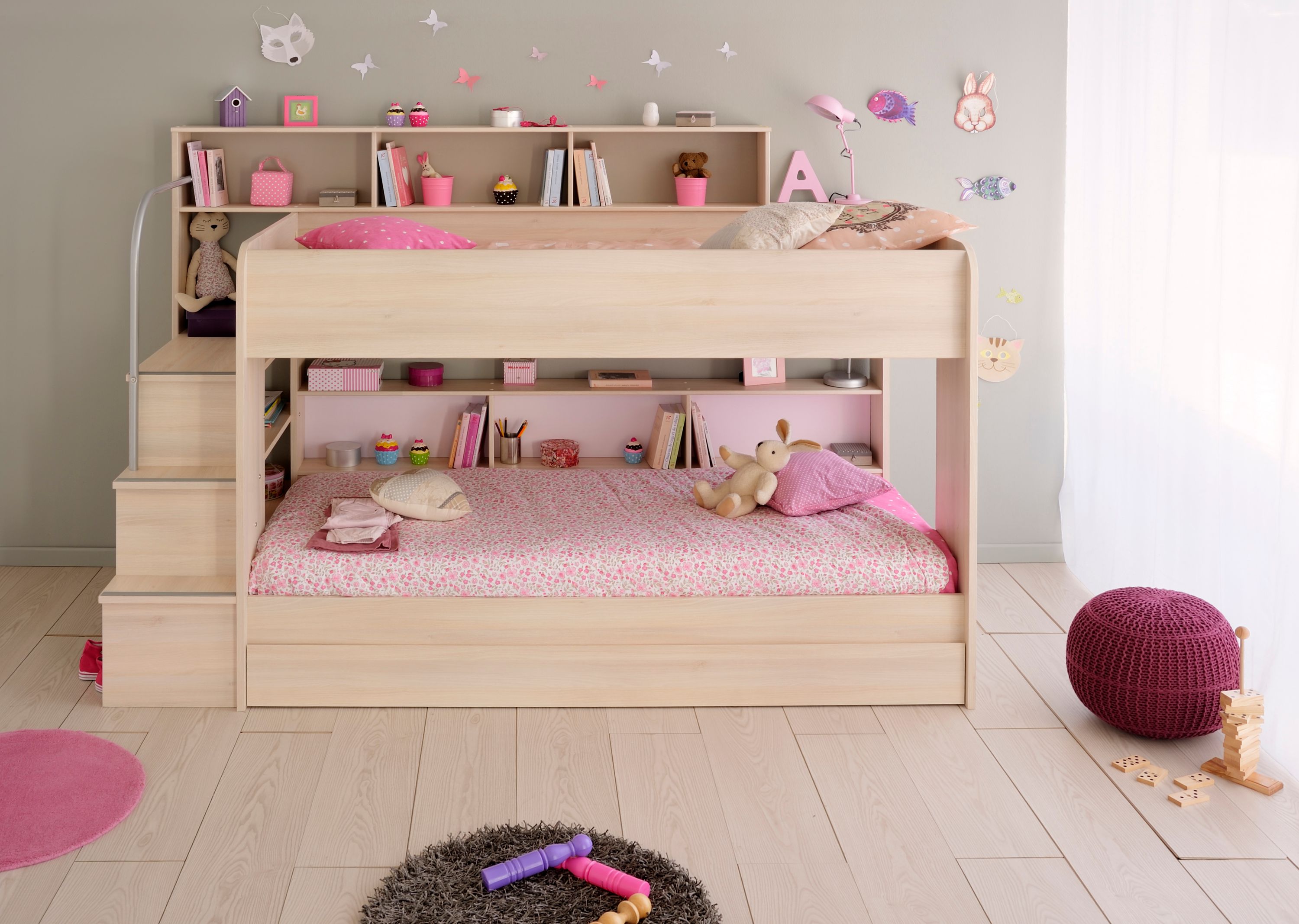 Etagenbett Bibop mit Leiterpodest, Regalwand & Bettkasten