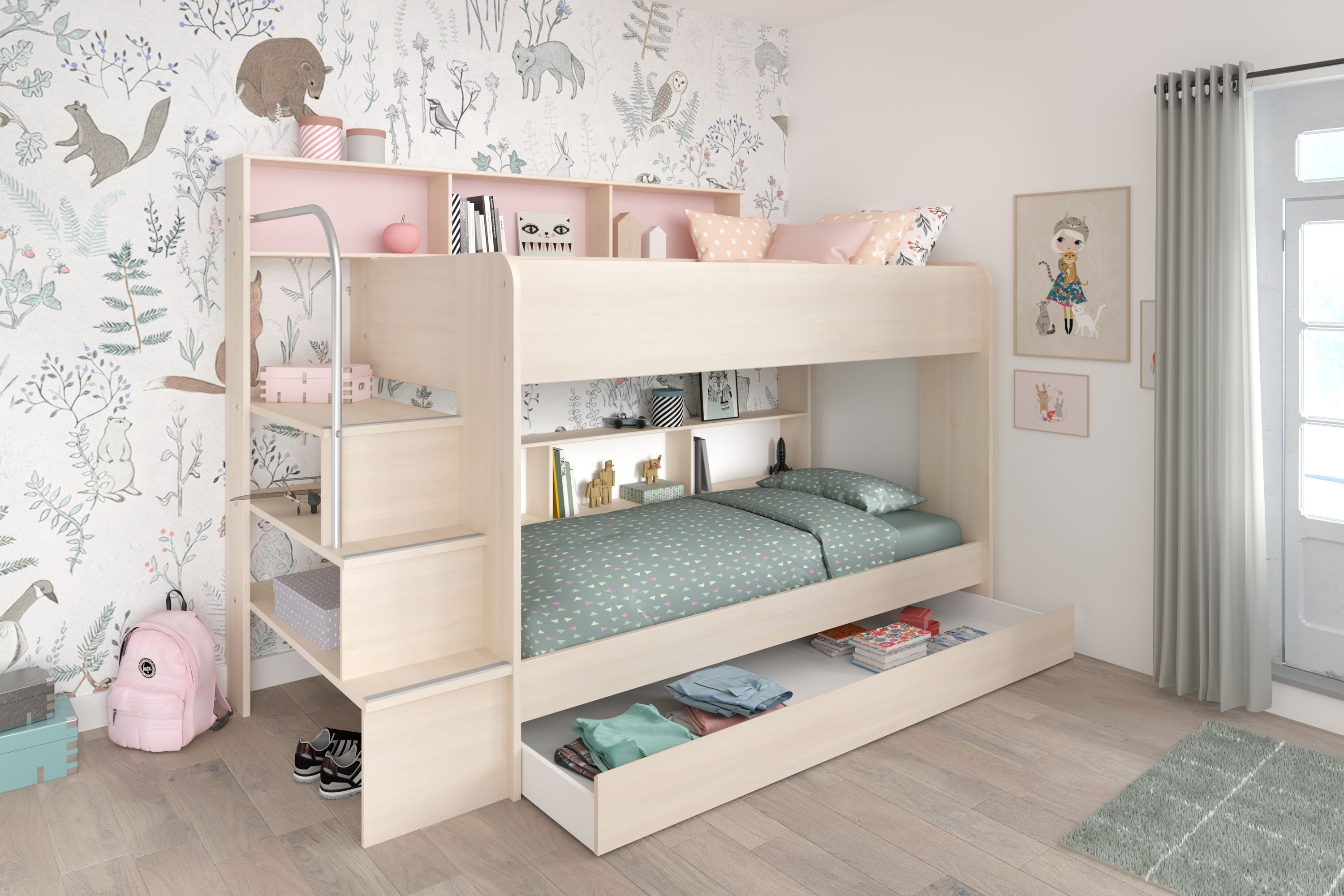 Etagenbett Bibop mit Leiterpodest, Regalwand & Bettkasten