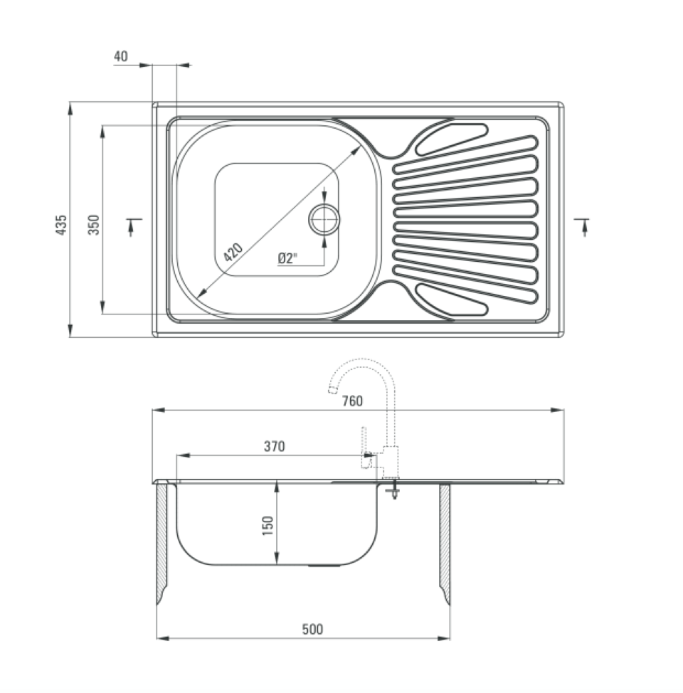 Eingebaute Edelstahlspüle in verschiedenen Größen, inklusive Siphon-Set und Armaturen
