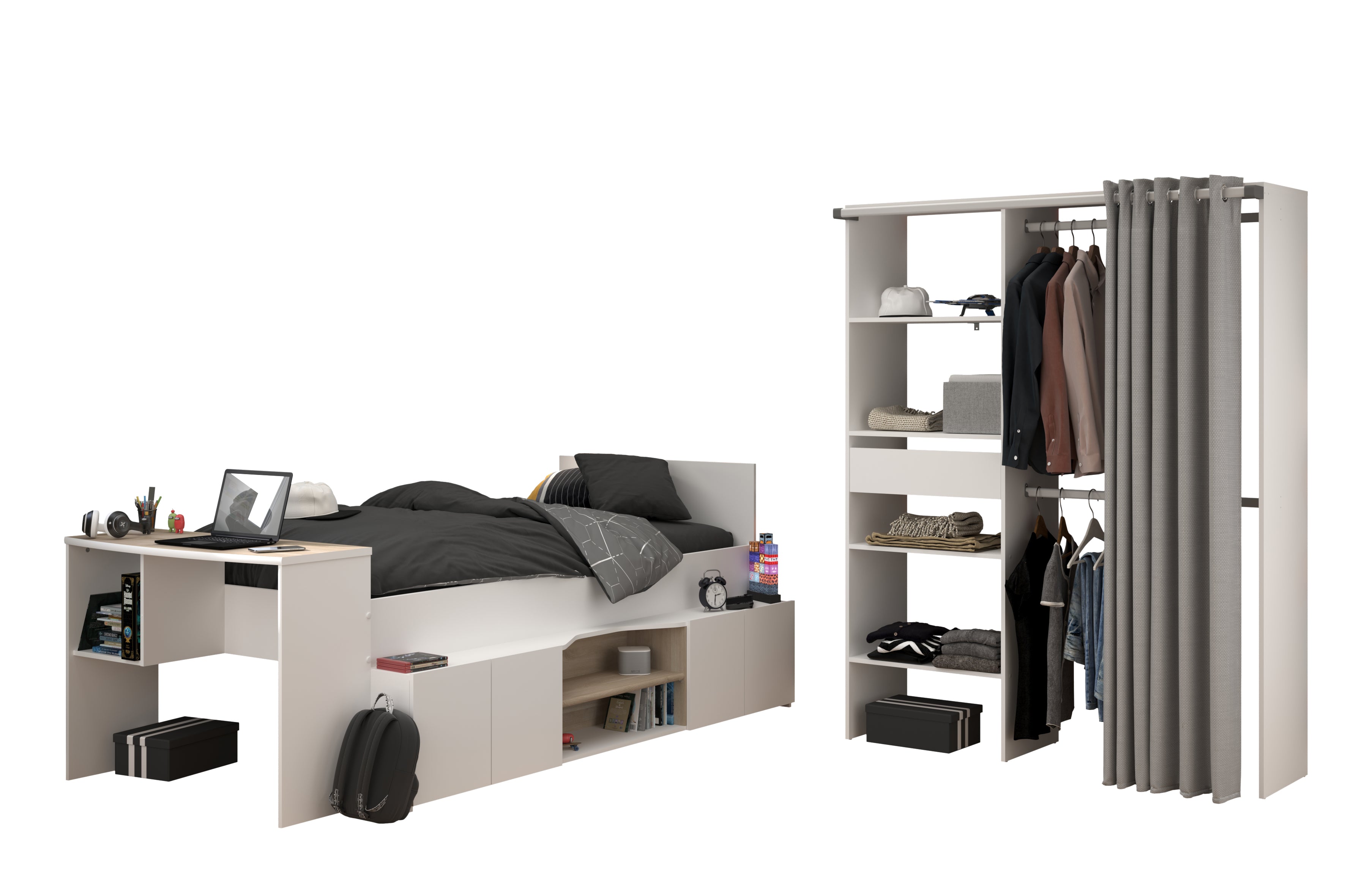 Parisot - Cleo 11 | Kinderzimmer Set – Hochwertiges Stauraumbett 90 x 200 cm mit integriertem Schreibtisch & Kleiderschrank