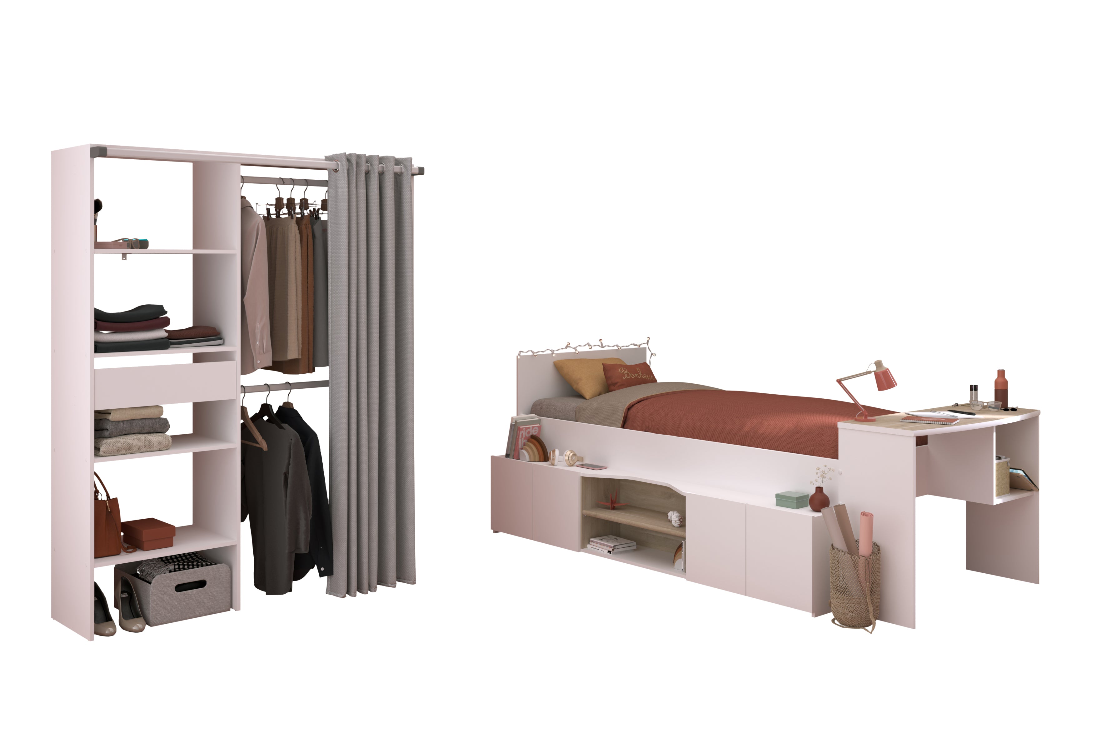 Parisot - Cleo 11 | Kinderzimmer Set – Hochwertiges Stauraumbett 90 x 200 cm mit integriertem Schreibtisch & Kleiderschrank