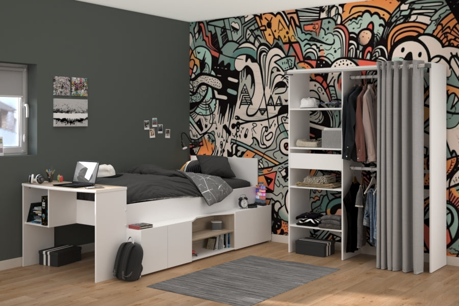 Parisot - Cleo 11 | Kinderzimmer Set – Hochwertiges Stauraumbett 90 x 200 cm mit integriertem Schreibtisch & Kleiderschrank