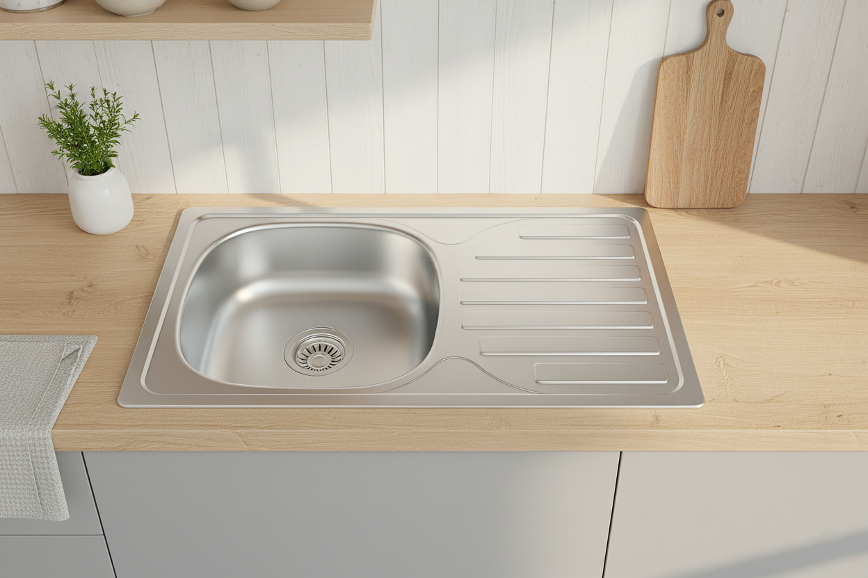 Edelstahl Einbauspüle in der Größe 76 × 43,5 cm mit Abtropffläche