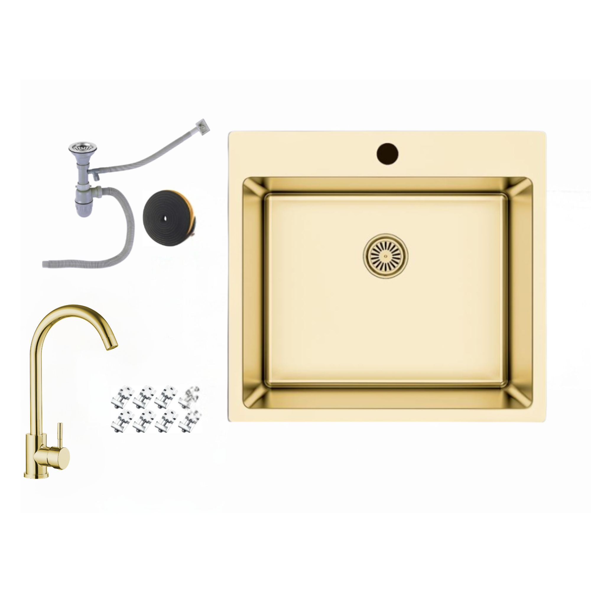 Edelstahlspüle 50,5 x 55 cm – Hochwertige eckige Küchenspüle inkl. Siphon-Set- In Silber, Gold oder Schwarz - Mit oder ohne Armatur