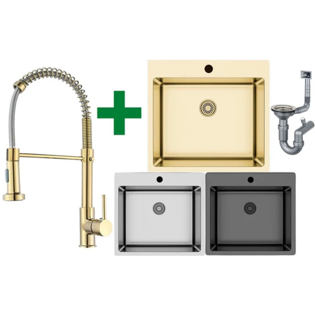 Edelstahlspüle 50,5 x 55 in verschiedenen Farben + Spiral Gold Armatur + Siphon-Set inklusive