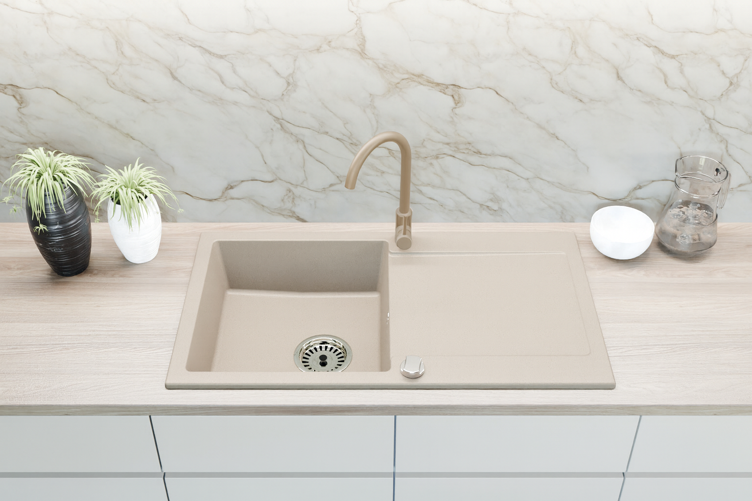 Granitspüle 90x50 cm mit Abtropffläche – Element Einbauspüle beidseitig montierbar, inkl. Siphon