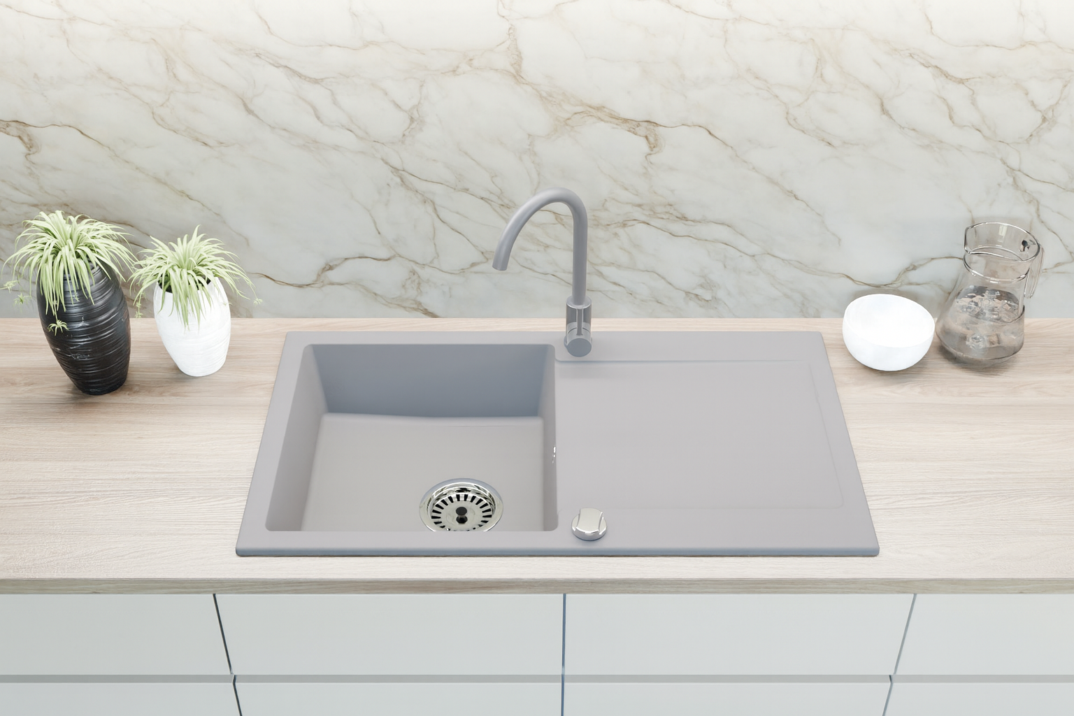 Granitspüle 90x50 cm mit Abtropffläche – Element Einbauspüle beidseitig montierbar, inkl. Siphon