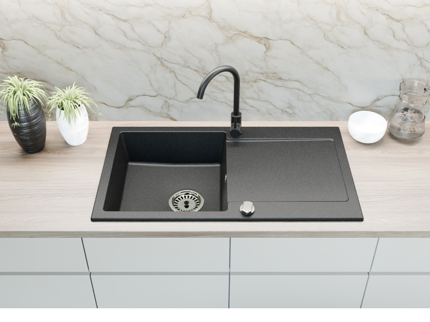 Granitspüle Element 90x50 cm mit Abtropffläche – Einbauspüle beidseitig montierbar, inkl. Siphon