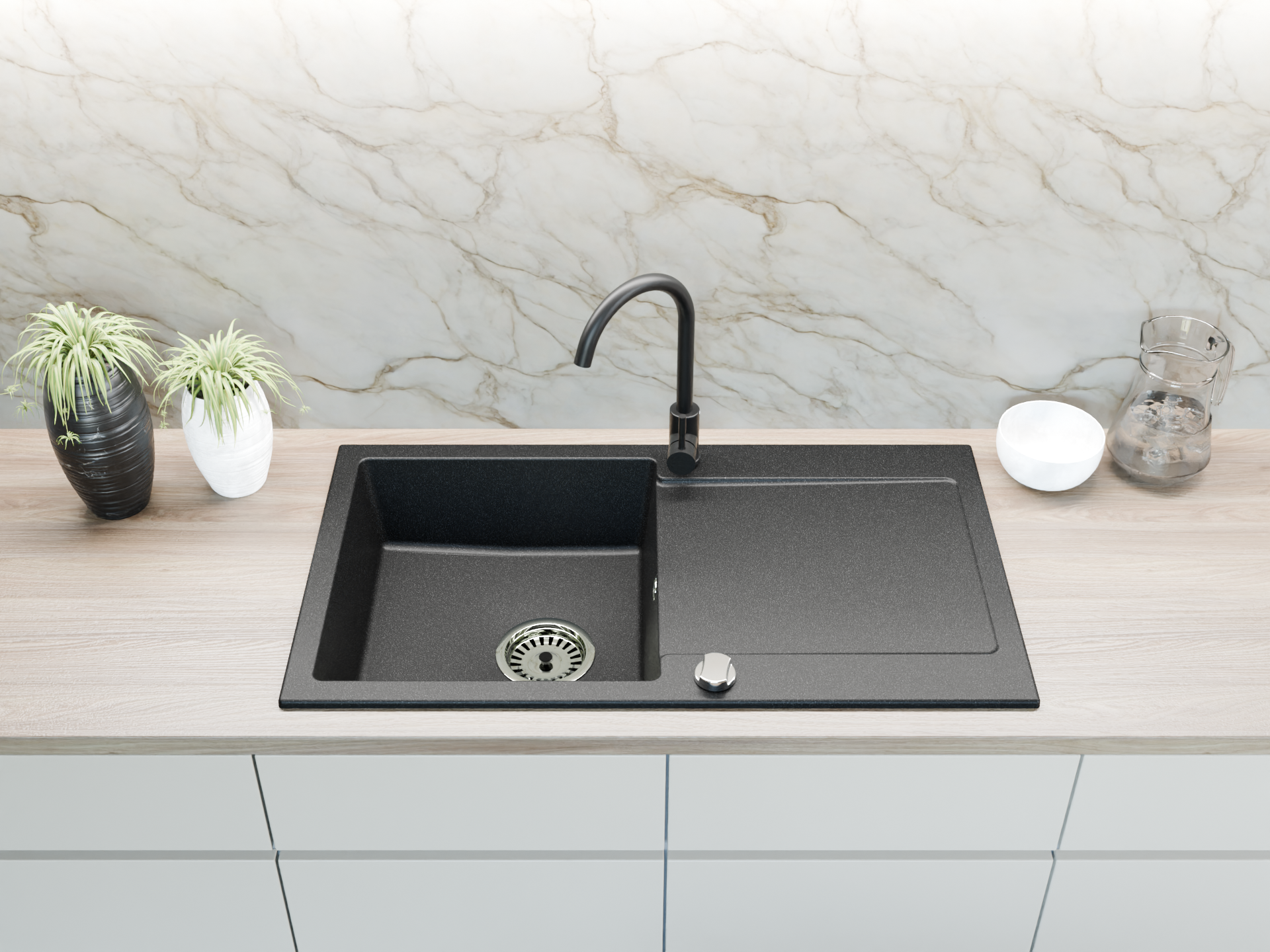 Granitspüle 90x50 cm mit Abtropffläche – Element Einbauspüle beidseitig montierbar, inkl. Siphon