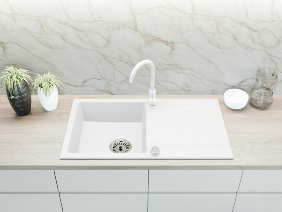 Granitspüle 90x50 cm mit Abtropffläche – Element Einbauspüle beidseitig montierbar, inkl. Siphon