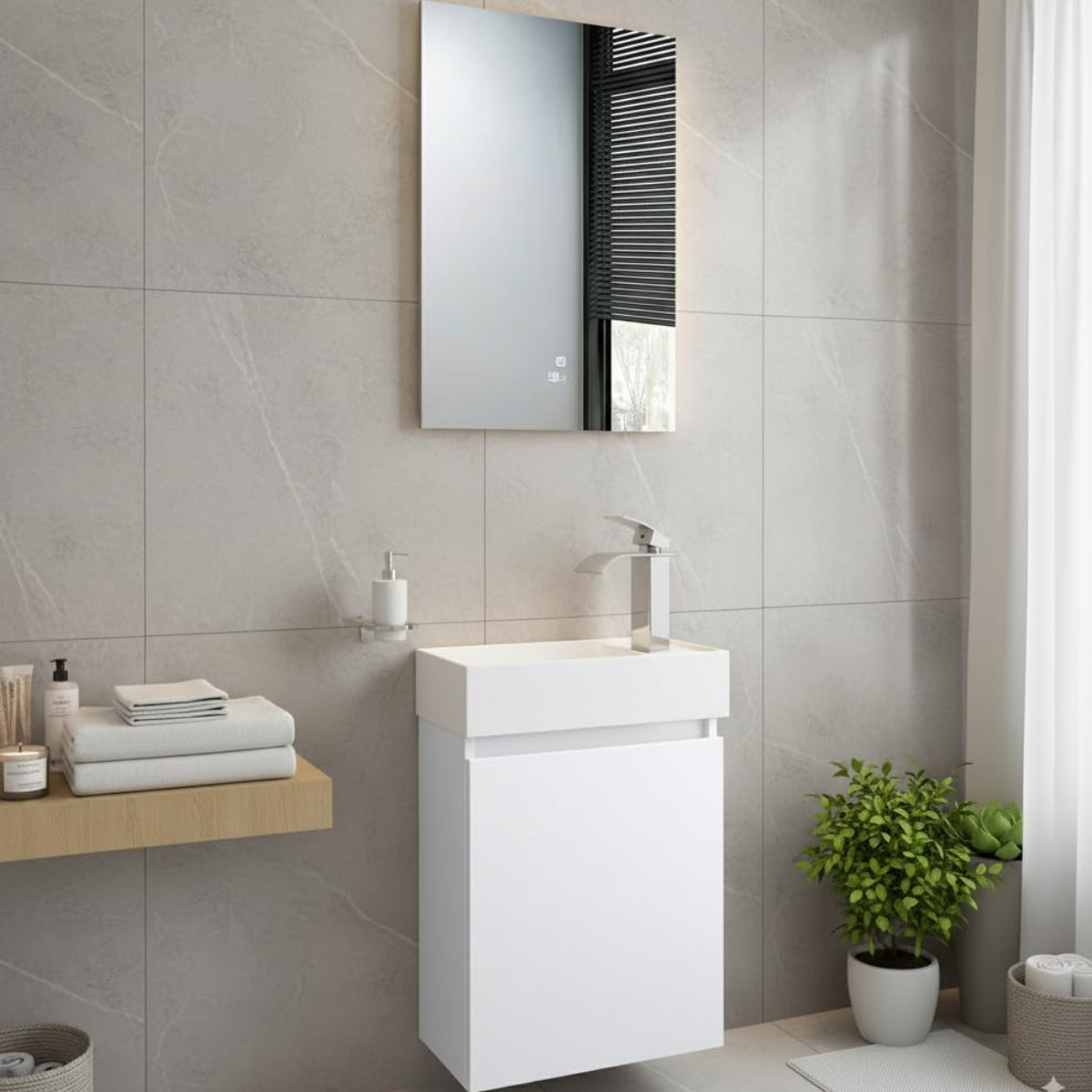 Faizee Home Badmöbel Set – Waschbeckenunterschrank mit Keramik Waschbecken, Spiegel & Armatur – Kompakter Badezimmerschrank Badschrank für Gäste WC & kleine Bäder