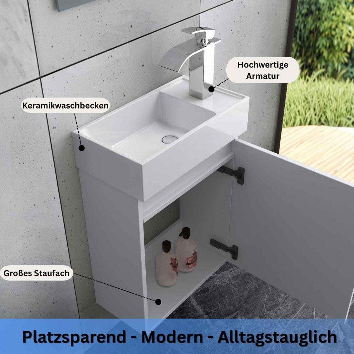 Faizee Home Badmöbel Set – Waschbeckenunterschrank mit Keramik Waschbecken, Spiegel & Armatur – Kompakter Badezimmerschrank Badschrank für Gäste WC & kleine Bäder