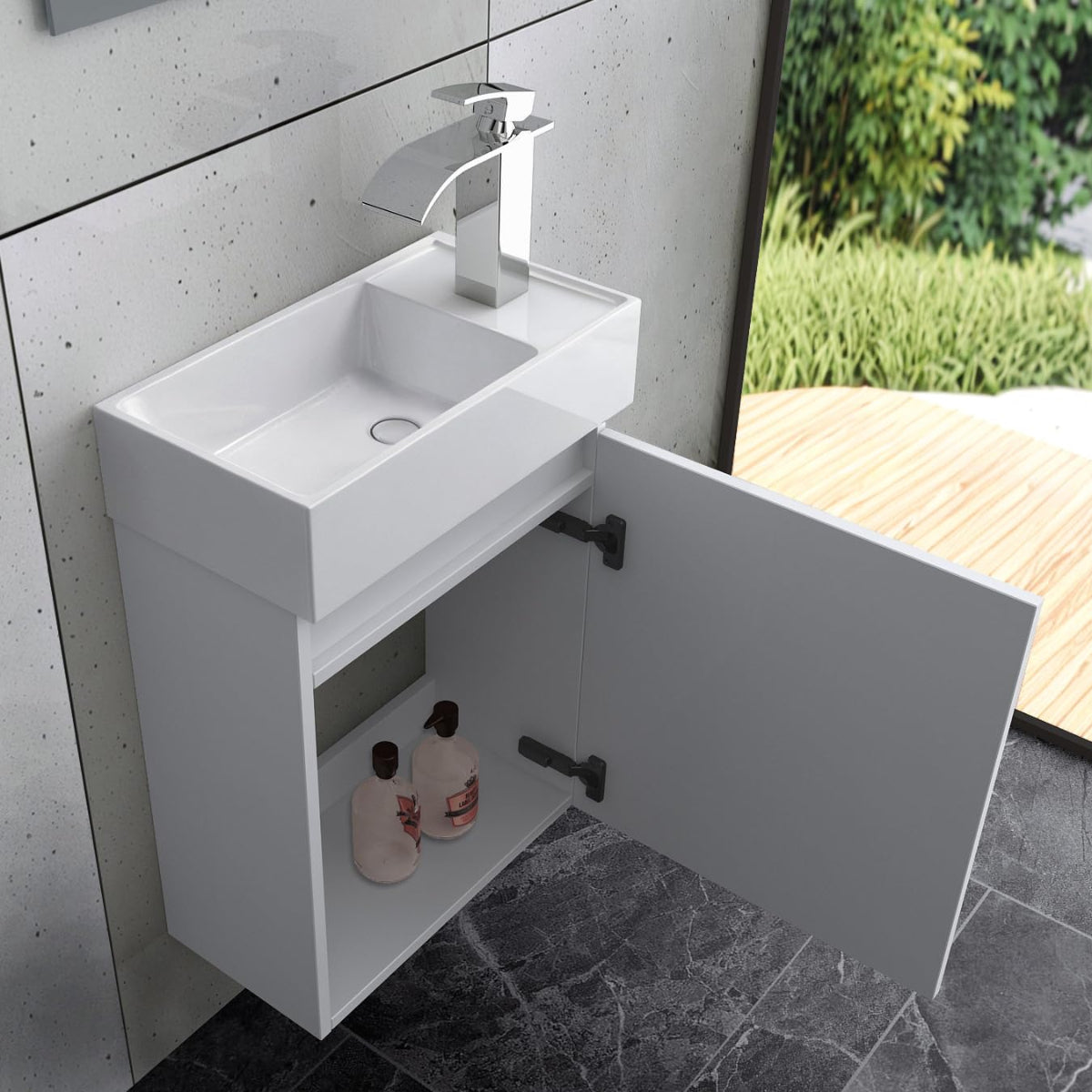 Faizee Home Badmöbel Set – Waschbeckenunterschrank mit Keramik Waschbecken, Spiegel & Armatur – Kompakter Badezimmerschrank Badschrank für Gäste WC & kleine Bäder