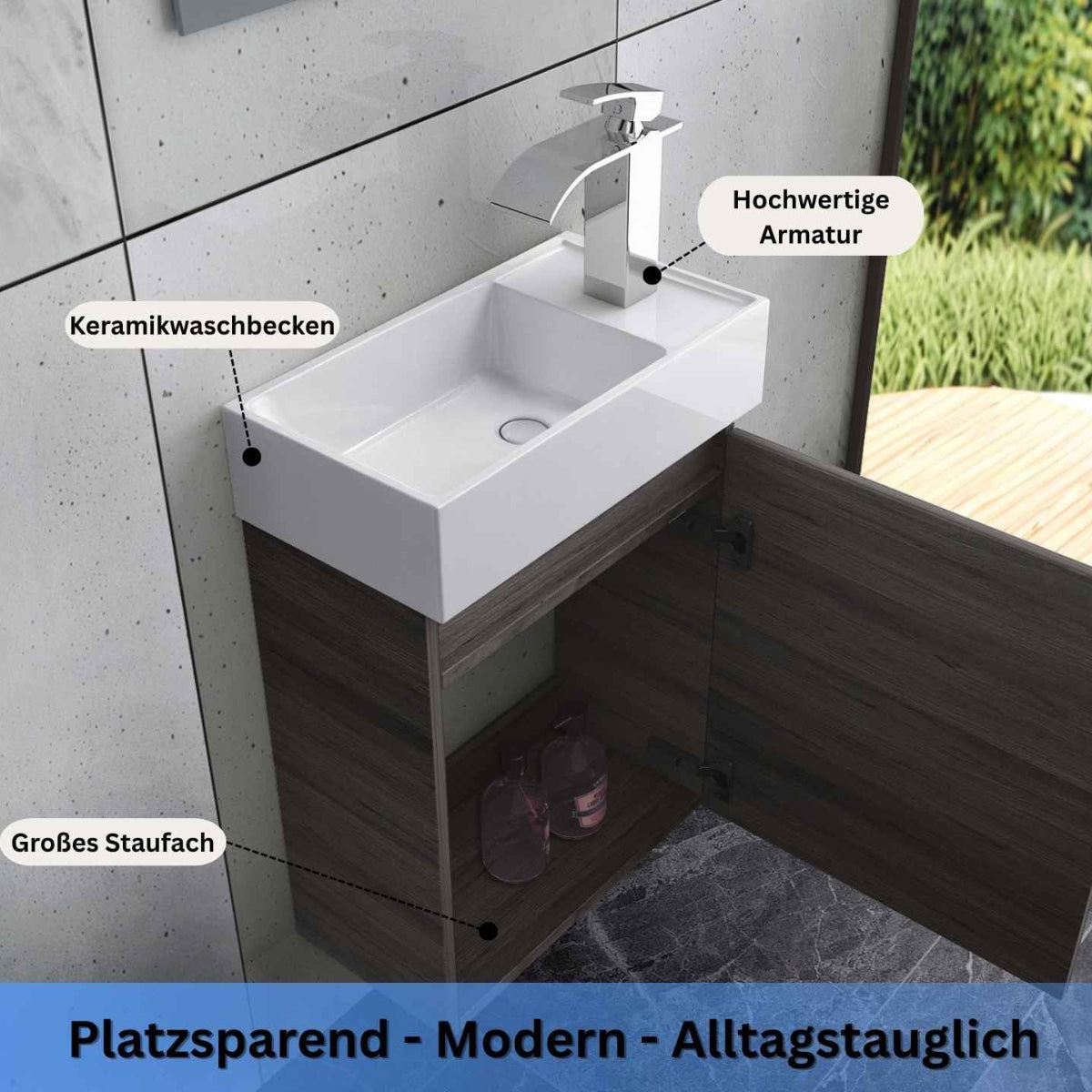 Faizee Home Badmöbel Set – Waschbeckenunterschrank mit Keramik Waschbecken, Spiegel & Armatur – Kompakter Badezimmerschrank Badschrank für Gäste WC & kleine Bäder