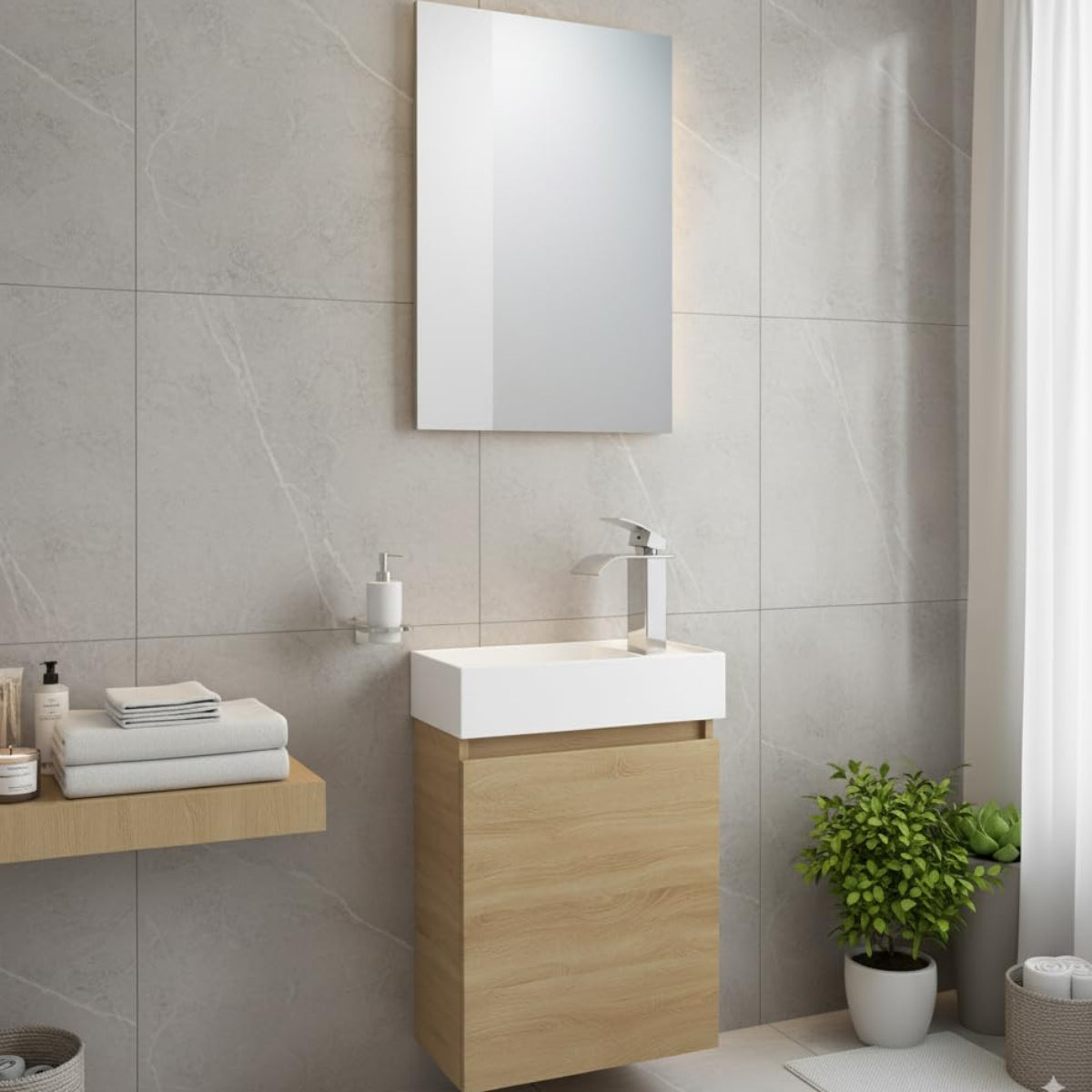 Faizee Home Badmöbel Set – Waschbeckenunterschrank mit Keramik Waschbecken, Spiegel & Armatur – Kompakter Badezimmerschrank Badschrank für Gäste WC & kleine Bäder