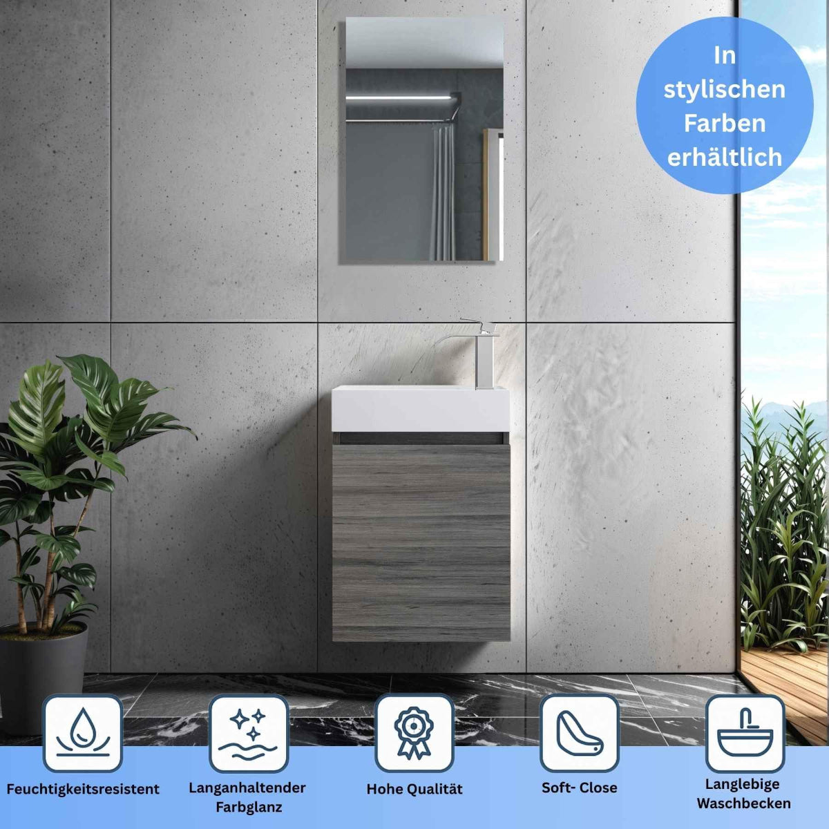 Faizee Home Badmöbel Set – Waschbeckenunterschrank mit Keramik Waschbecken, Spiegel & Armatur – Kompakter Badezimmerschrank Badschrank für Gäste WC & kleine Bäder