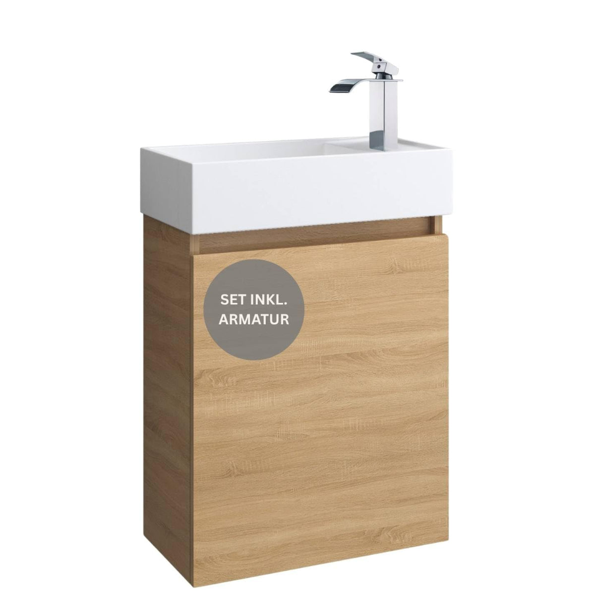 Faizee Home Badmöbel Set – Waschbeckenunterschrank mit Keramik Waschbecken, Spiegel & Armatur – Kompakter Badezimmerschrank Badschrank für Gäste WC & kleine Bäder