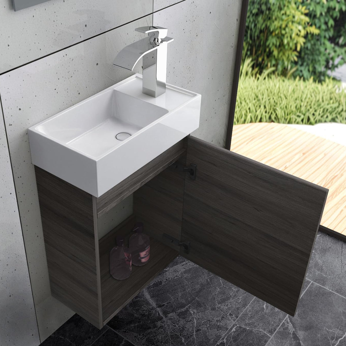 Faizee Home Badmöbel Set – Waschbeckenunterschrank mit Keramik Waschbecken, Spiegel & Armatur – Kompakter Badezimmerschrank Badschrank für Gäste WC & kleine Bäder_weiss