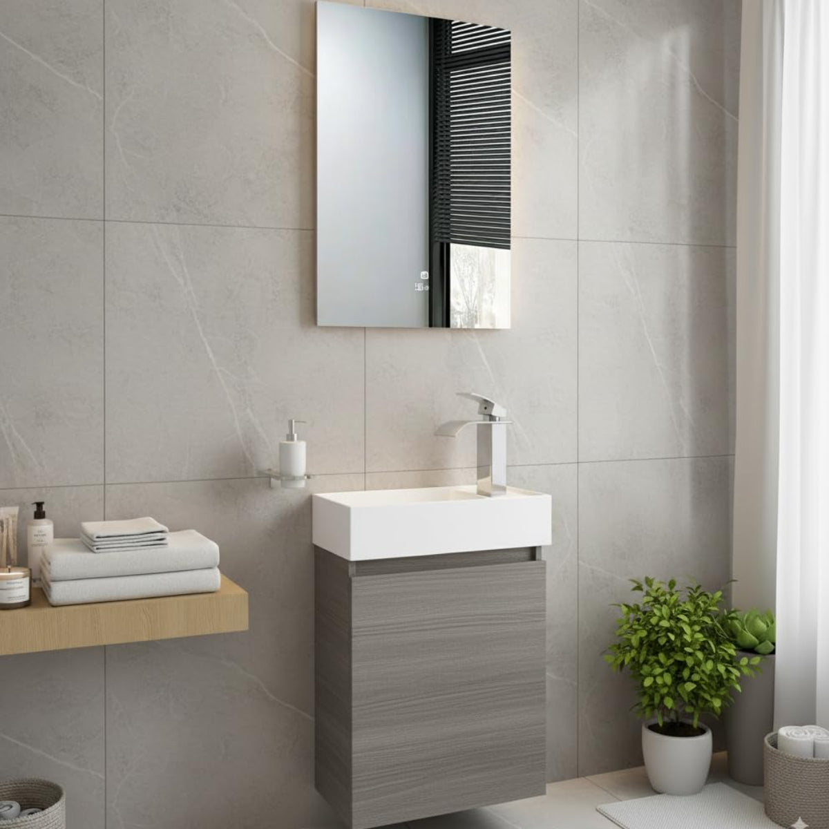 Faizee Home Badmöbel Set – Waschbeckenunterschrank mit Keramik Waschbecken, Spiegel & Armatur – Kompakter Badezimmerschrank Badschrank für Gäste WC & kleine Bäder