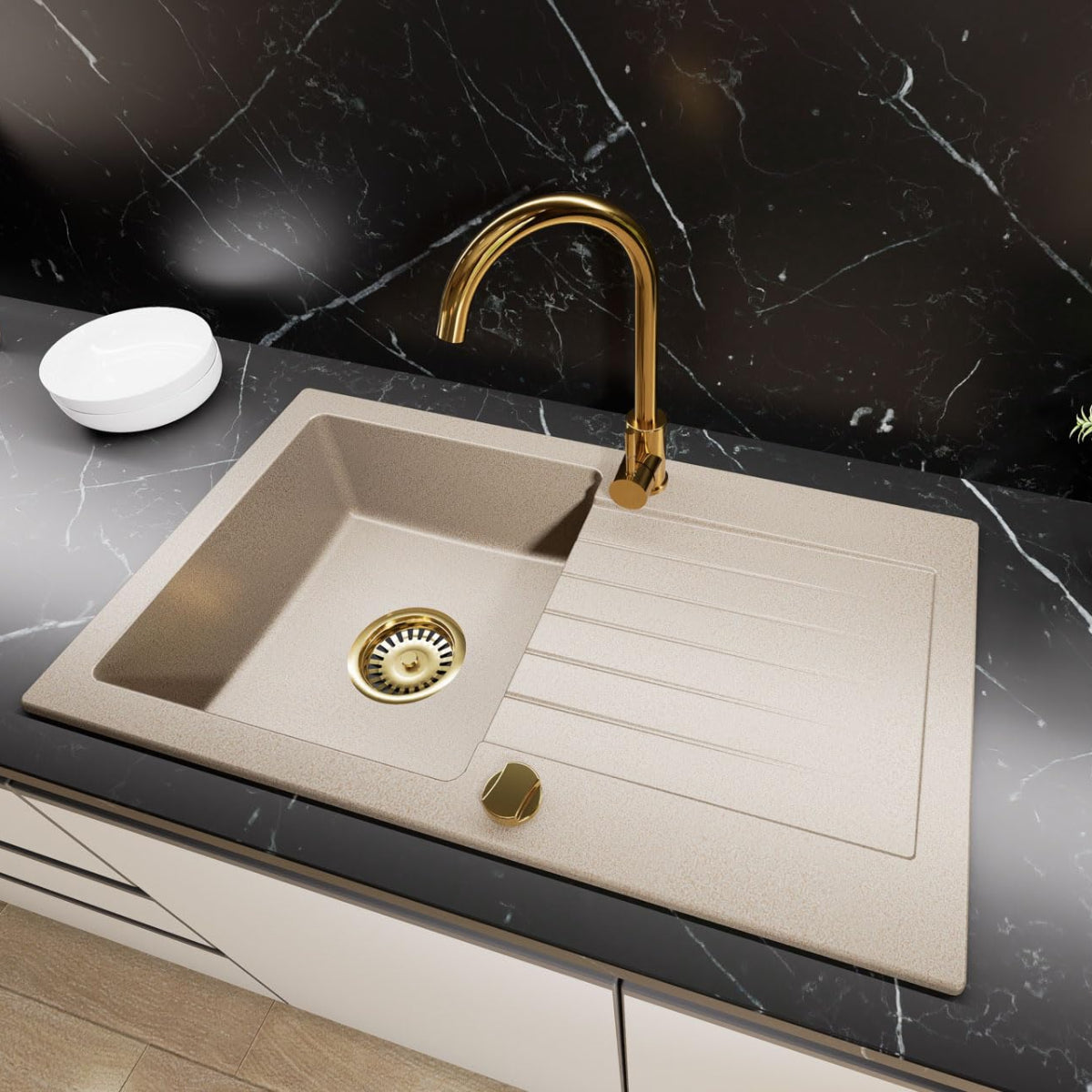 Faizee Home Granit Einbauspüle 75×43,5cm – Spülbecken mit Abtropffläche Küchenspüle inkl. Armatur in Gold & Siphon-Set Gold Kratzfest, hitzebeständig & reversibel für 45 cm Unterschrank