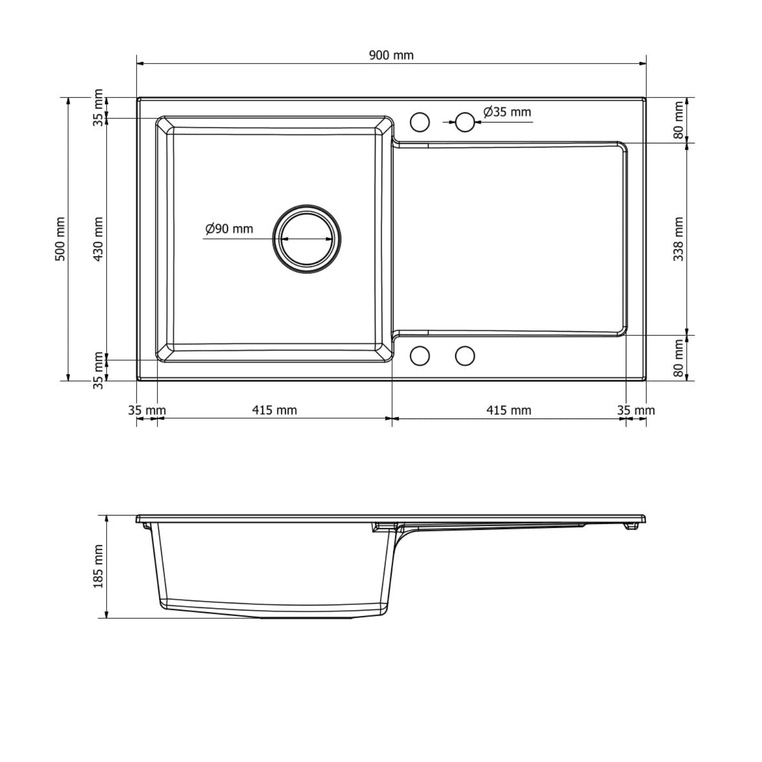 Faizee Home | Granit Einbauspüle 90x50 cm – Spülbecken mit Abtropffläche | Küchenspüle inkl. Armatur & Siphon-Set | Kratzfest & hitzebeständig für 45 cm Unterschränke