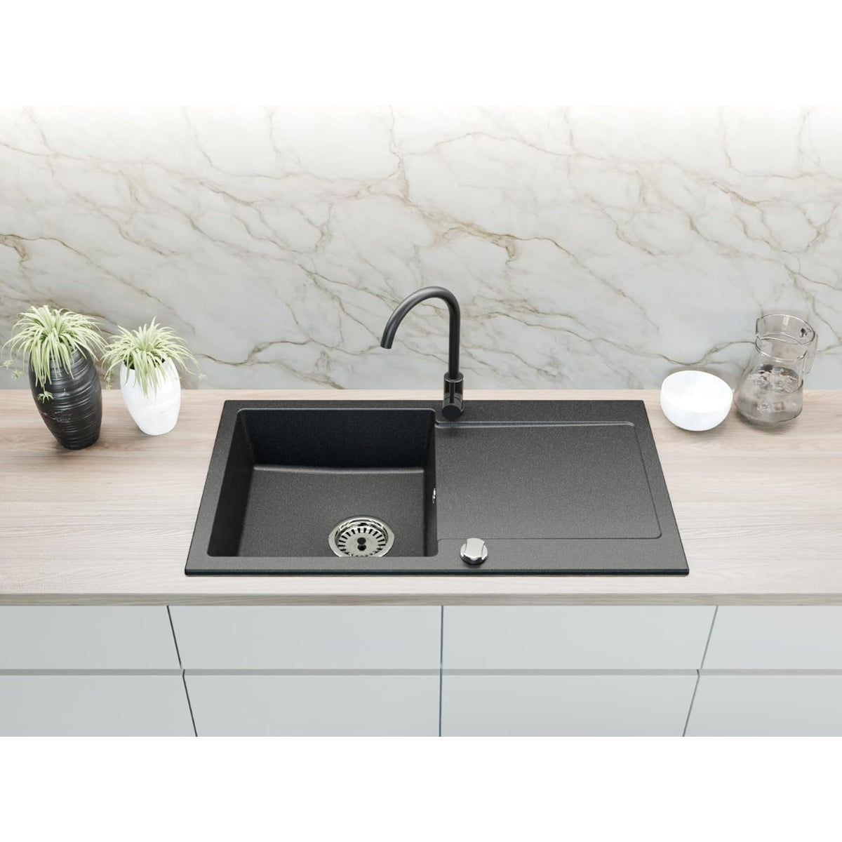 Faizee_Home_Granit_Einbauspuele_90x50_cm_Spuelbecken_mit_Abtropfflaeche-Kuechenspuele_inkl._Armatur_Siphon-Set_Kratzfest_hitzebestaendig_fuer_45_cm_Unterschraenke