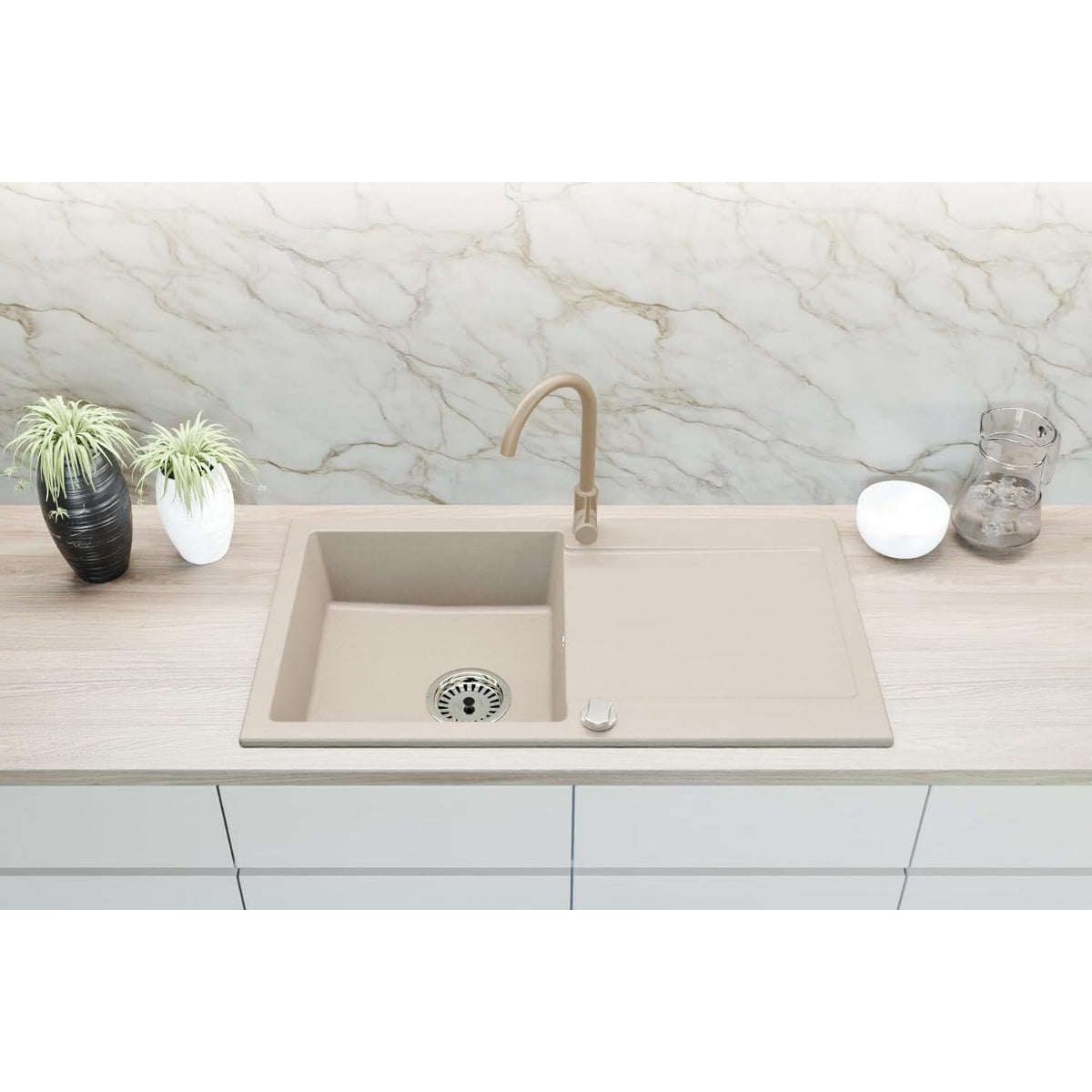 Faizee_Home_Granit_Einbauspuele_90x50_cm_Spuelbecken_mit_Abtropfflaeche-Kuechenspuele_inkl._Armatur_Siphon-Set_Kratzfest_hitzebestaendig_fuer_45_cm_Unterschraenke_beige