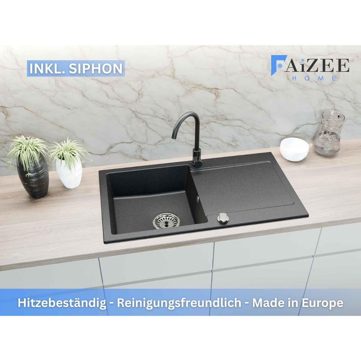 Faizee_Home_Granit_Einbauspuele_90x50_cm_Spuelbecken_mit_Abtropfflaeche-Kuechenspuele_inkl._Armatur_Siphon-Set_Kratzfest_hitzebestaendig_fuer_45_cm_Unterschraenke_black_