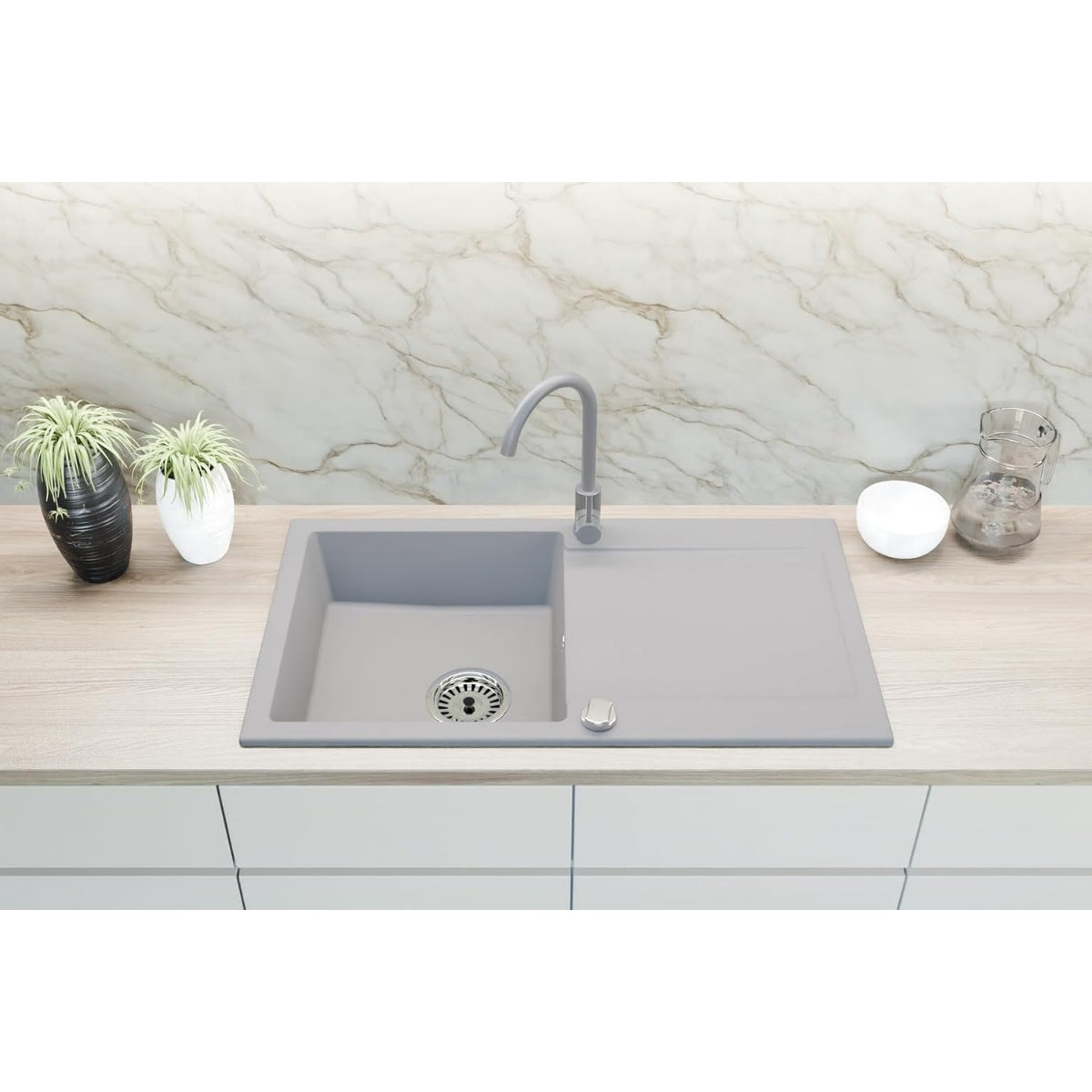 Faizee_Home_Granit_Einbauspuele_90x50_cm_Spuelbecken_mit_Abtropfflaeche-Kuechenspuele_inkl._Armatur_Siphon-Set_Kratzfest_hitzebestaendig_fuer_45_cm_Unterschraenke_grau