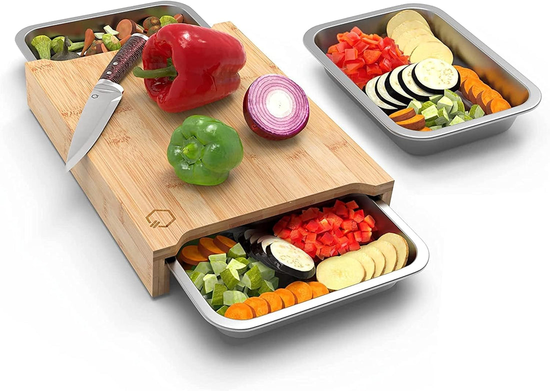 Faizee Home Holz Schneidebrett mit Auffangschalen – Praktisches Küchenbrett mit integrierten Schubladen