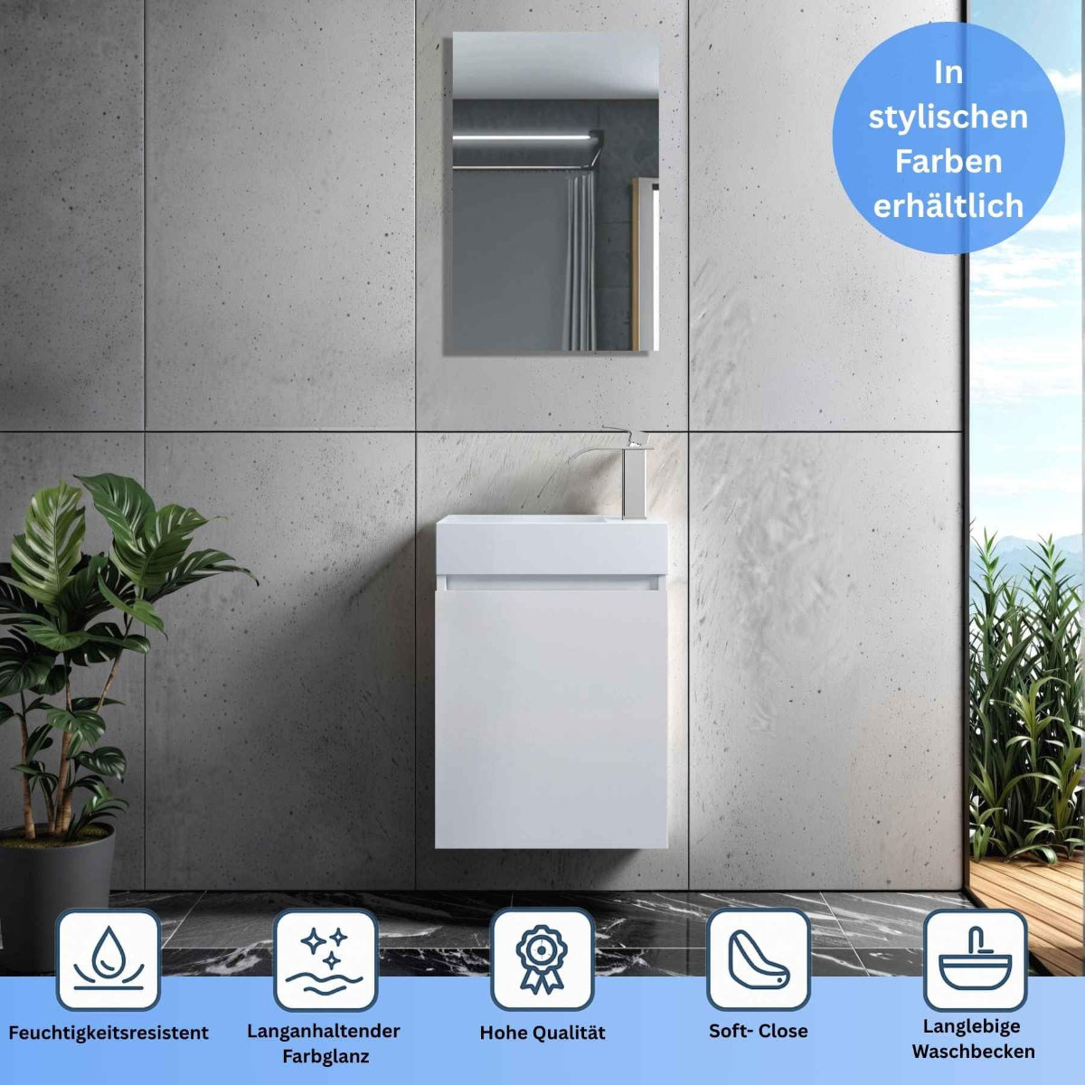 Faizee Home Badmöbel Set – Waschbeckenunterschrank mit Keramik Waschbecken, Spiegel & Armatur – Kompakter Badezimmerschrank Badschrank für Gäste WC & kleine Bäder