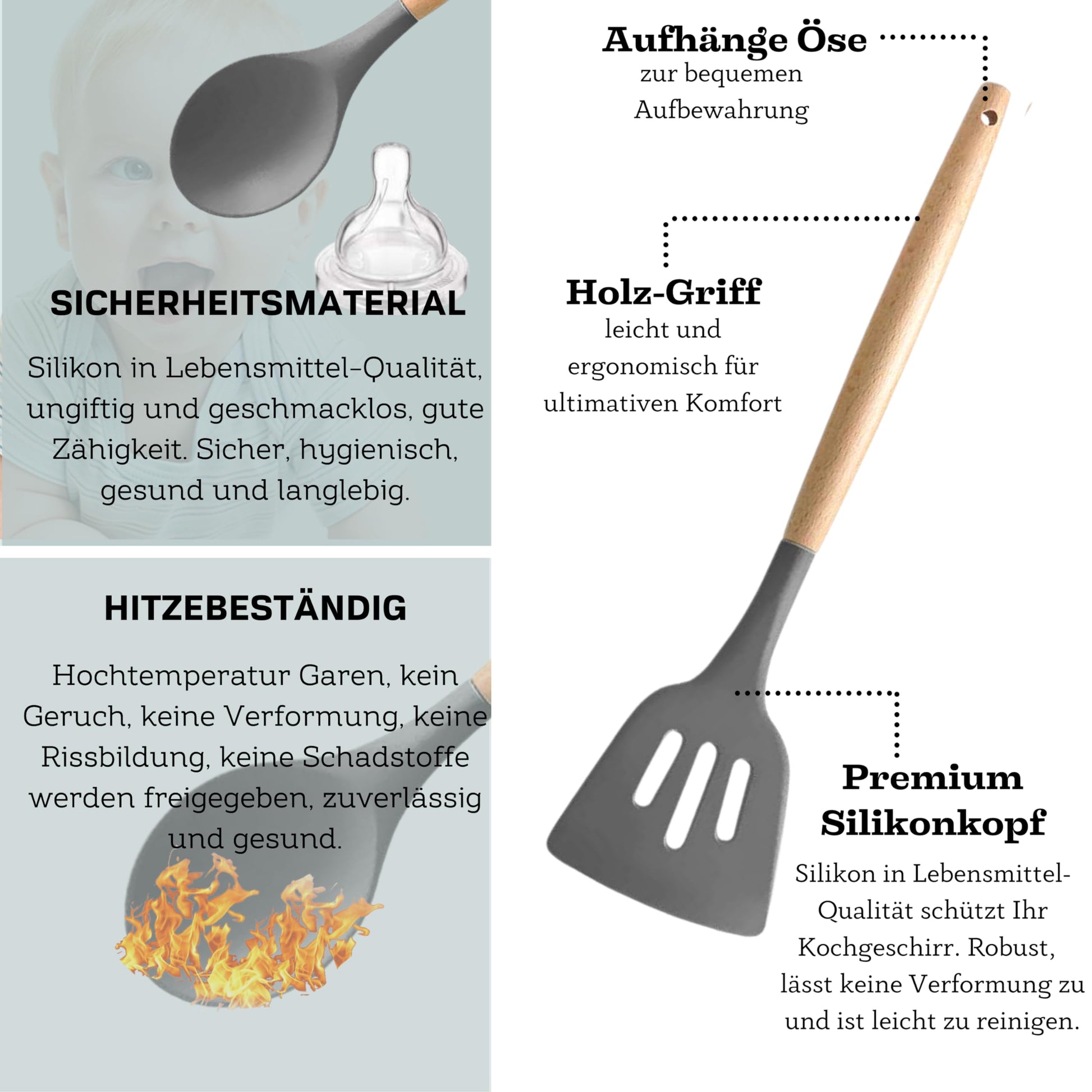 Faizee Möbel Küchenhelfer Set 12-teilig – Silikon Kochbesteck mit Holzgriff & Utensilienhalter 