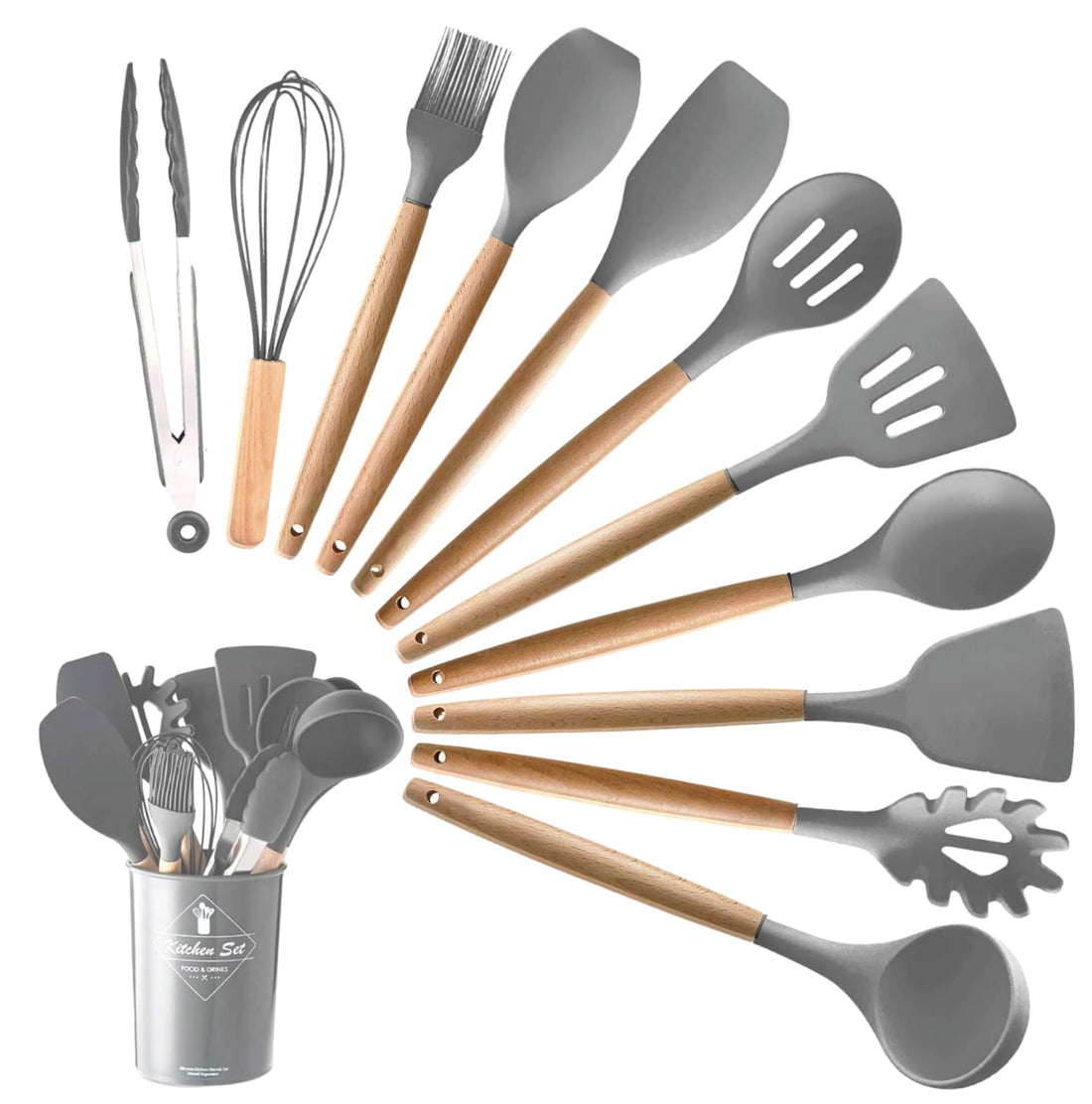 Faizee Möbel Küchenhelfer Set 12-teilig – Silikon Kochbesteck mit Holzgriff & Utensilienhalter | Hitzebeständig bis 231 °C