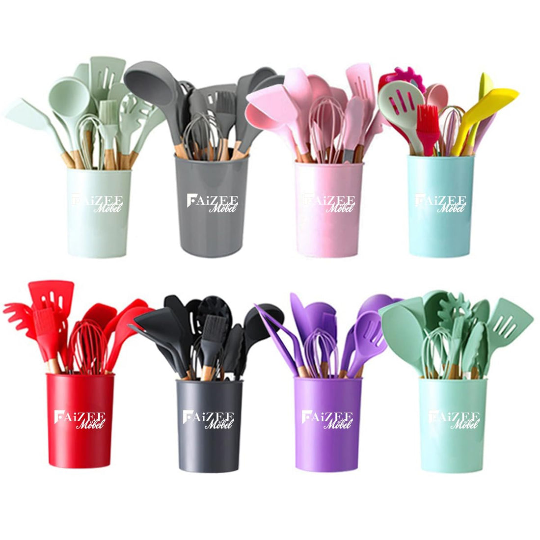 Faizee Möbel Küchenhelfer Set 12-teilig – Silikon Kochbesteck mit Holzgriff & Utensilienhalter | Hitzebeständig bis 231 °C