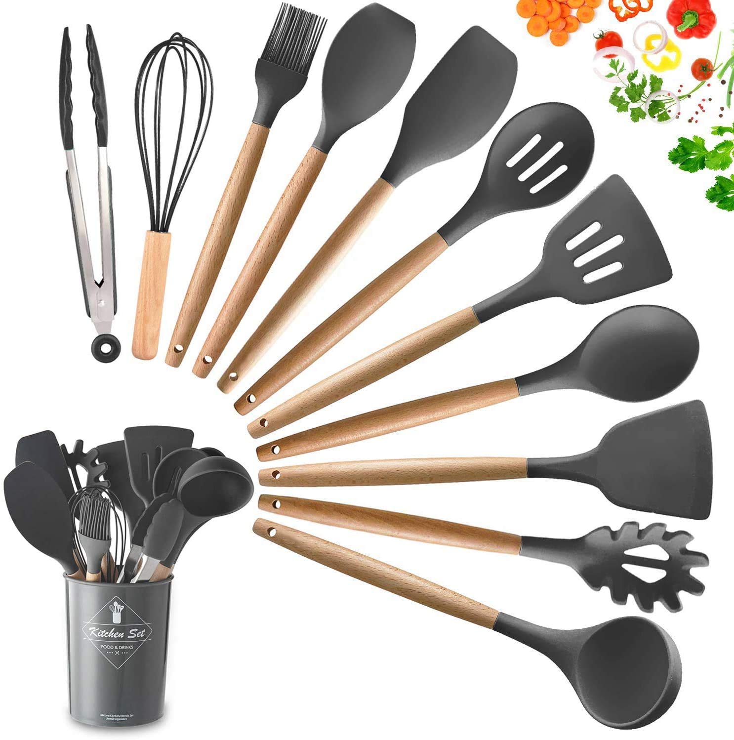 Faizee Möbel Küchenhelfer Set 12-teilig – Silikon Kochbesteck mit Holzgriff & Utensilienhalter | Hitzebeständig bis 231 °C