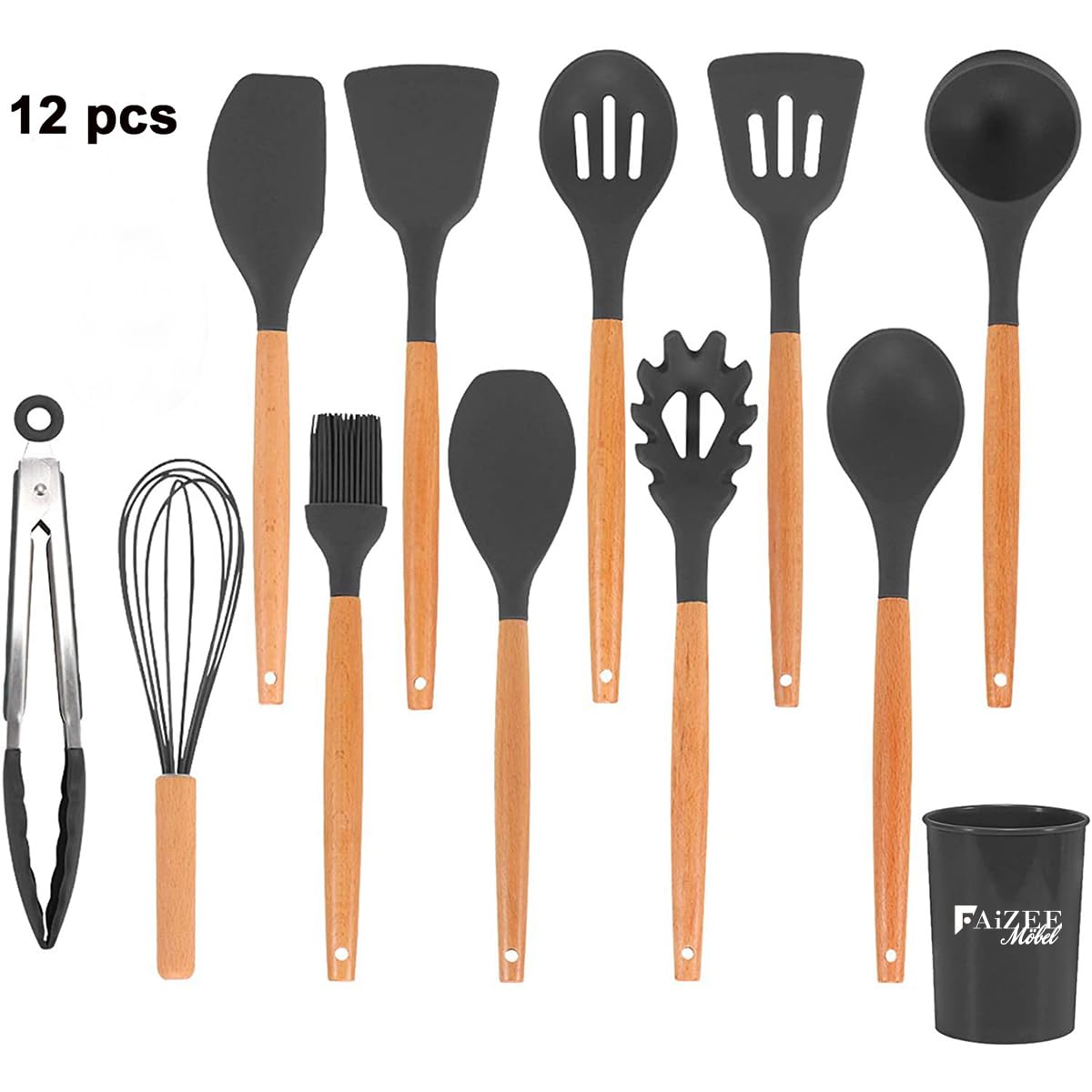 Faizee Möbel Küchenhelfer Set 12-teilig – Silikon Kochbesteck mit Holzgriff & Utensilienhalter | Hitzebeständig bis 231 °C