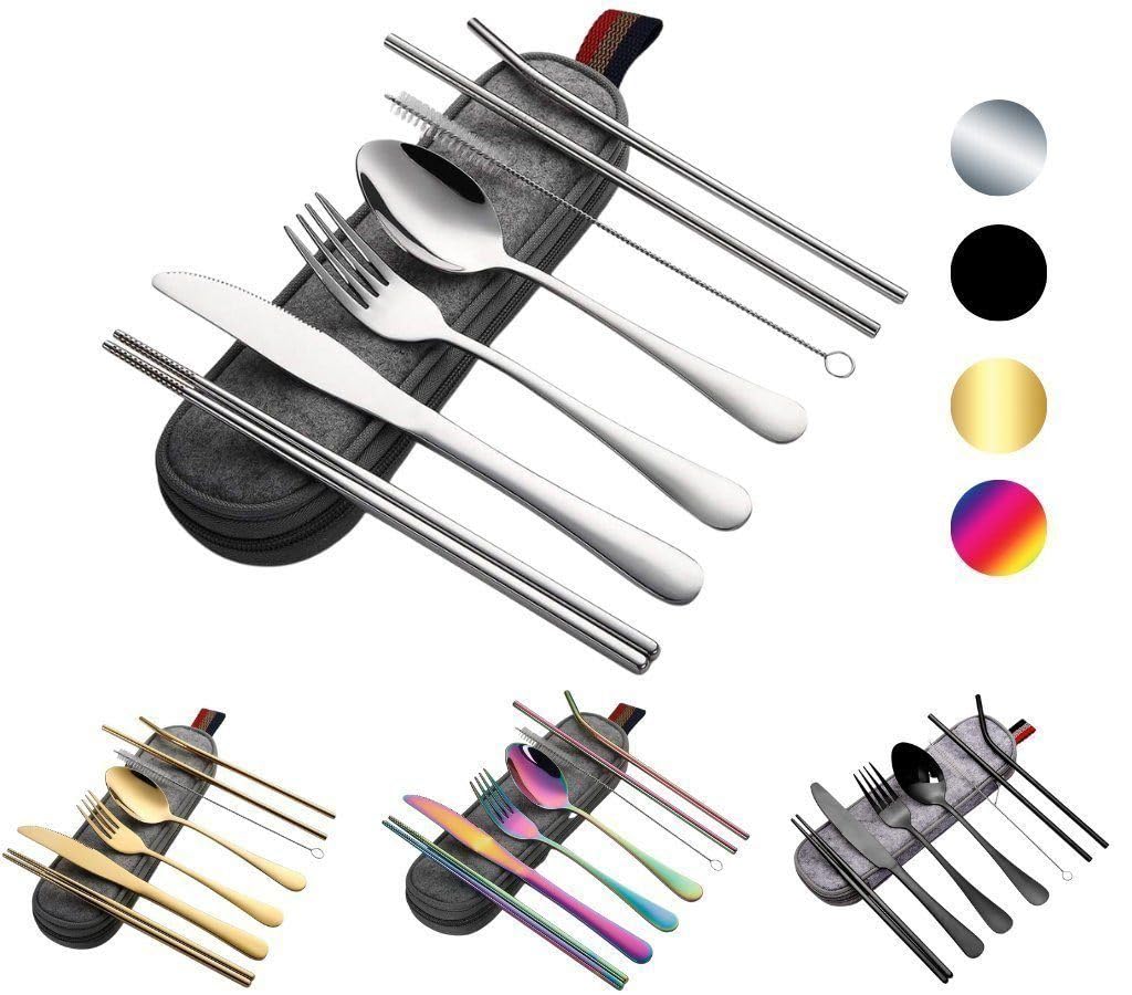 Faizee Möbel Camping Besteckset 8-teilig – Reise-Besteck aus Edelstahl mit Etui | Wiederverwendbar & spülmaschinenfest