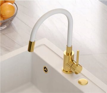 Flexibel Weiß-Gold Waschtischarmatur mit Wasserfall – Design-Armatur für Bad & Küche, drehbar, auslaufsicher