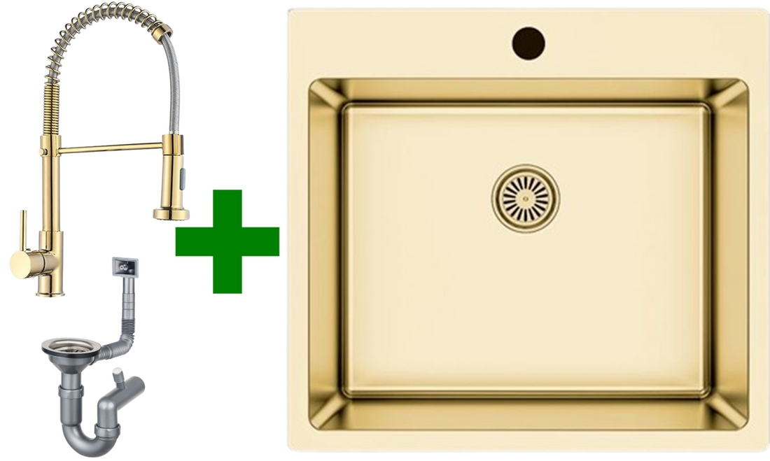 Edelstahlspüle 50,5 x 55 in verschiedenen Farben + Spiral Gold Armatur + Siphon-Set inklusive