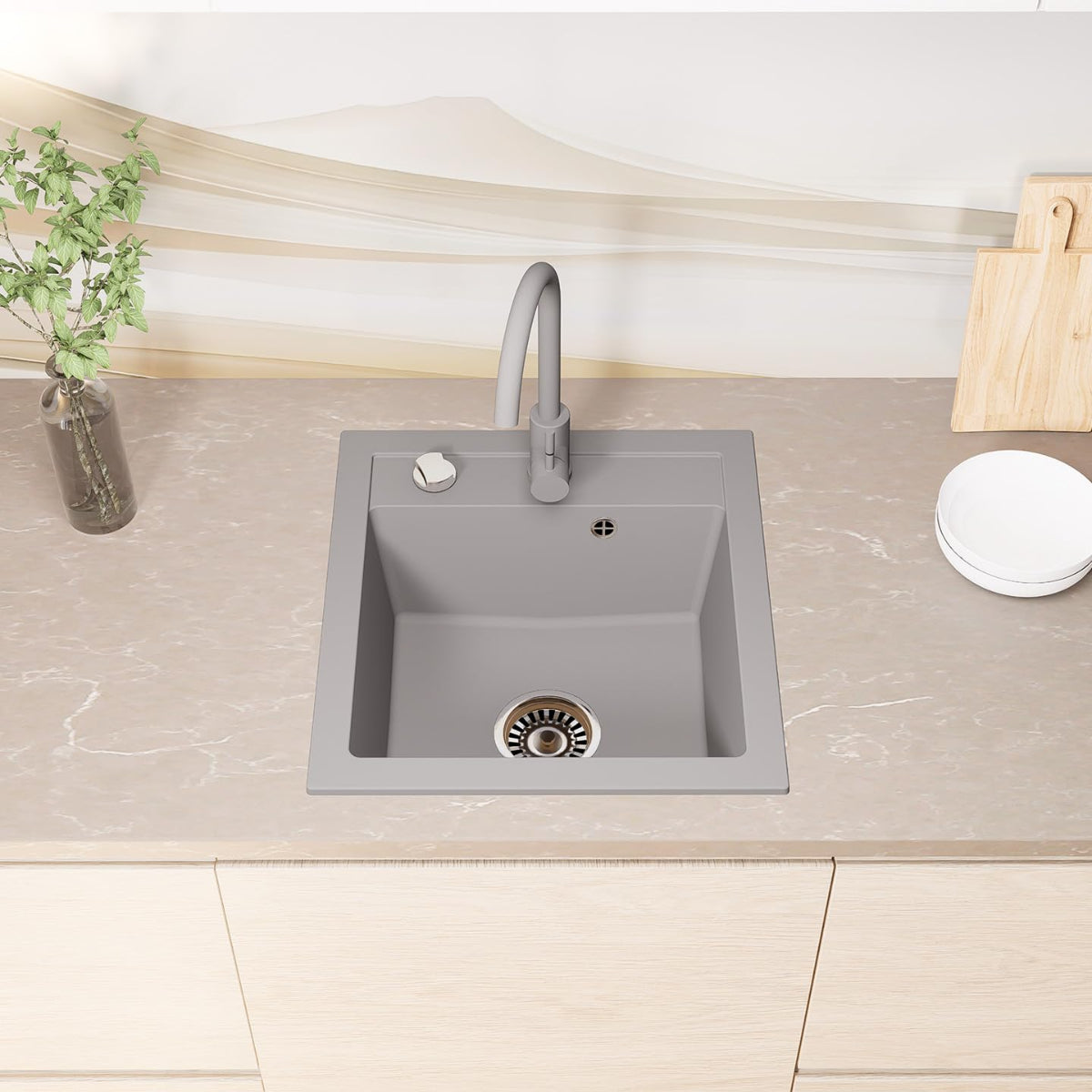 Granit Einbauspüle 49x52 cm in verschiedenen Farben – Eckiges Spülbecken, Inkl. farblich passender Armatur & Siphon-Set