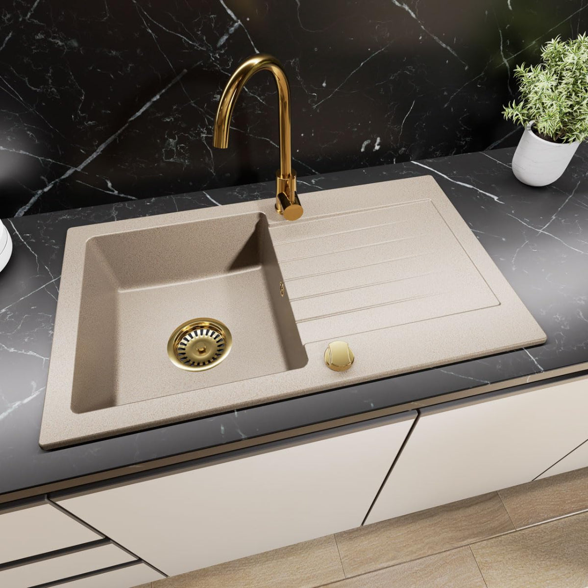 Granitspüle 75×43,5 cm – Küchenspüle mit Abtropffläche Granit Einbauspülbecken für Unterschränke ab 45 cm inkl. Siphon-Set & Armatur Genial Gold Farbe Beige56