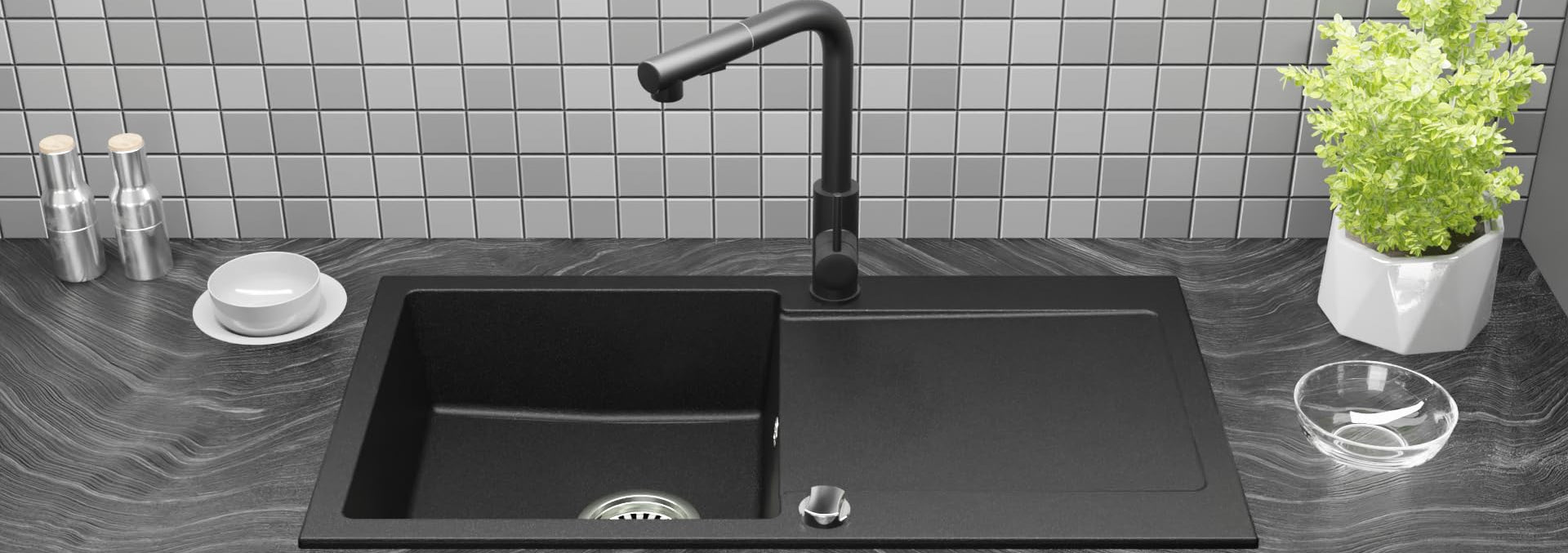Granitspüle Element 90x50 cm mit Abtropffläche inkl. Armatur & Siphon-Set