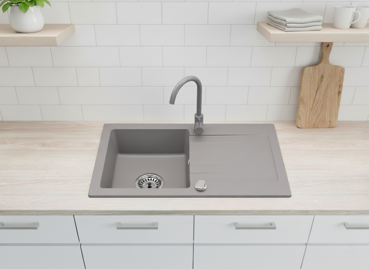 Granitspüle 75x43,5 cm mit Abtropffläche – Alisha Einbauspüle beidseitig montierbar, inkl. Siphon