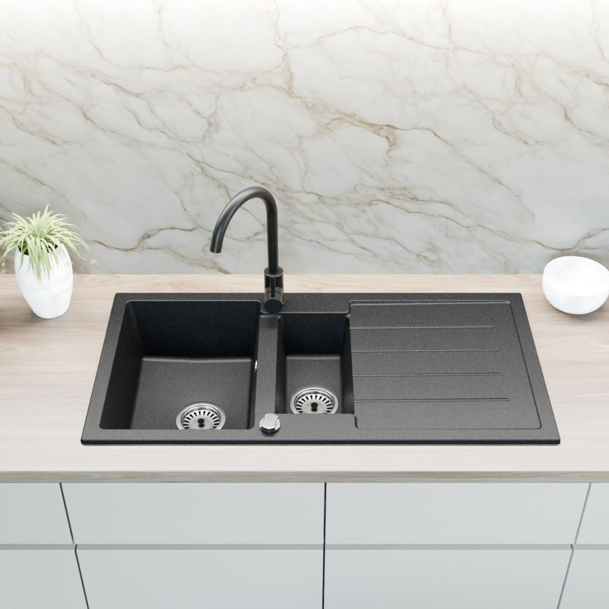 Granitspüle 100x50 cm – 1,5 Becken mit Abtropffläche beidseitig montierbar, inkl. Armatur & Siphon-Set