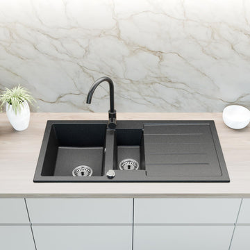 Granitspüle 100x50 cm – 1,5 Becken mit Abtropffläche beidseitig montierbar, inkl. Armatur & Siphon-Set