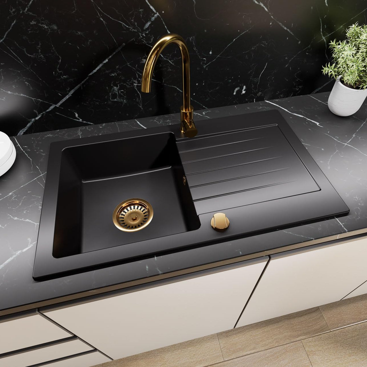 Granitspuele_75_45_cm_Kuechenspuele_mit_Abtropfflaeche_Granit_Einbauspuelbecken_fuer_Unterschraenke_ab_45_cm_inkl._Siphon-Set_Armatur_Genial_Gold_Farbe_black