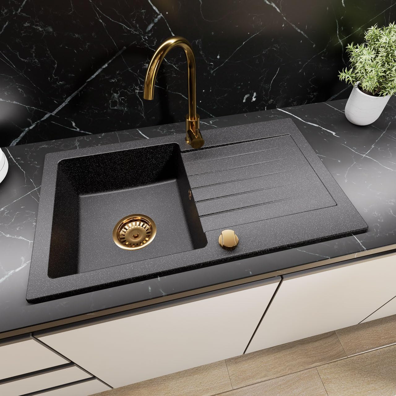 Granitspuele_75_45_cm_Kuechenspuele_mit_Abtropfflaeche_Granit_Einbauspuelbecken_fuer_Unterschraenke_ab_45_cm_inkl._Siphon-Set_Armatur_Genial_Gold_Farbe_black_geprenkelt