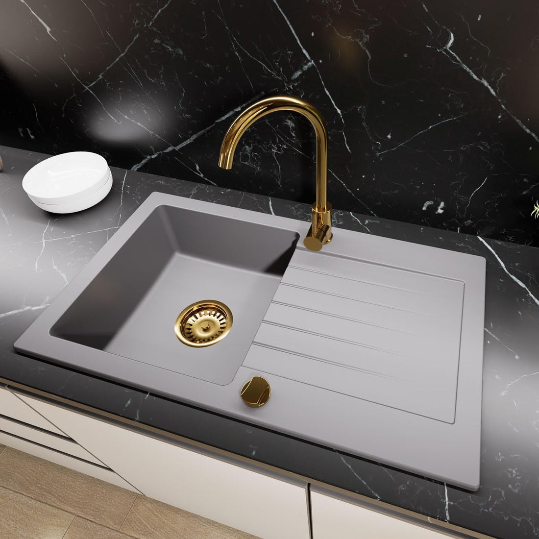 Granitspuele_75_45_cm_Kuechenspuele_mit_Abtropfflaeche_Granit_Einbauspuelbecken_fuer_Unterschraenke_ab_45_cm_inkl._Siphon-Set_Armatur_Genial_Gold_Farbe_grau