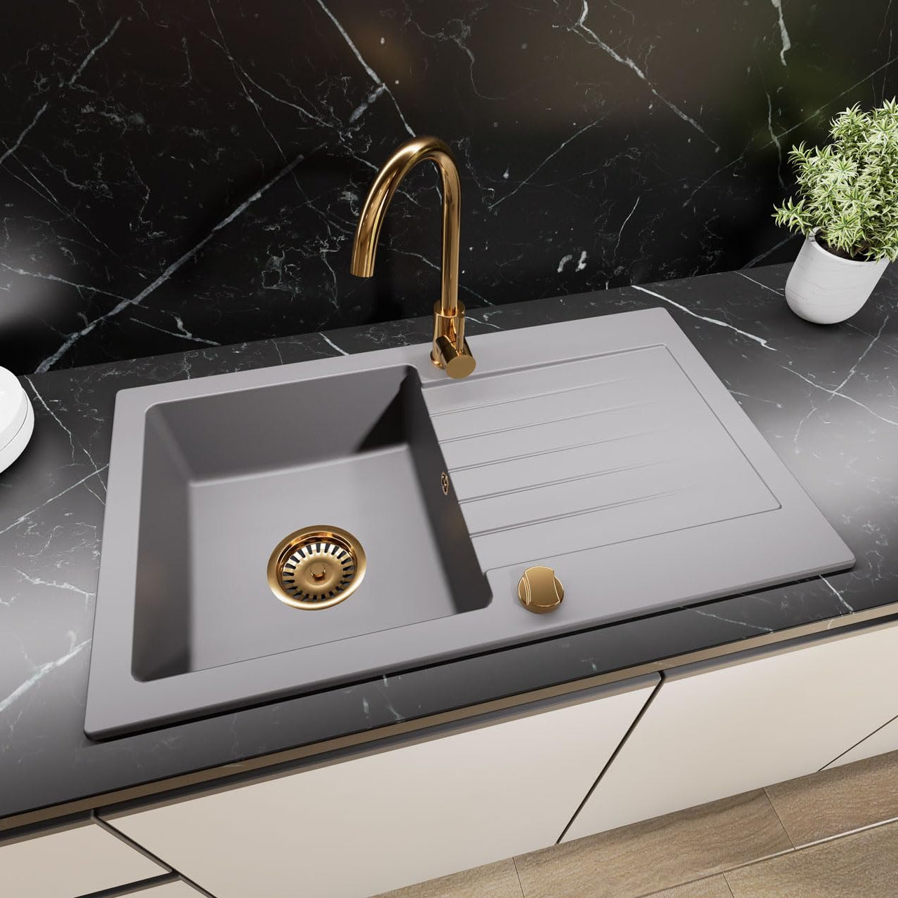 Granitspuele_75_45_cm_Kuechenspuele_mit_Abtropfflaeche_Granit_Einbauspuelbecken_fuer_Unterschraenke_ab_45_cm_inkl._Siphon-Set_Armatur_Genial_Gold_Farbe_grau