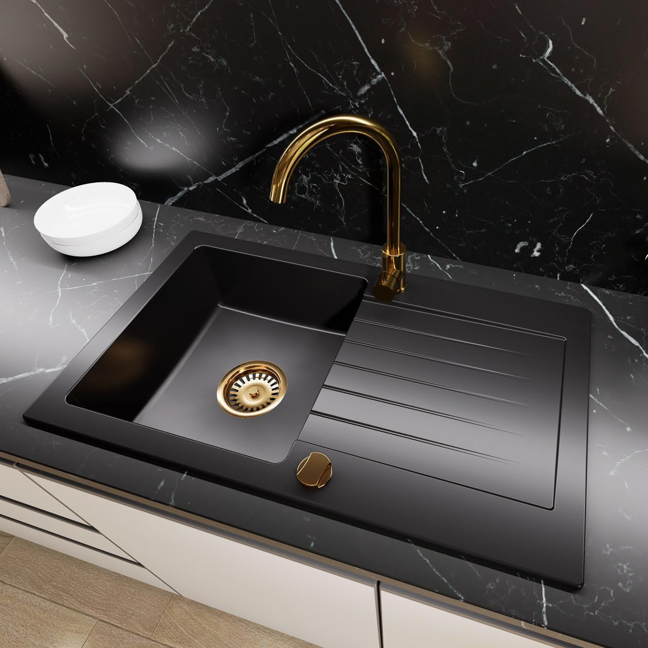 Granitspuele_75_45_cm_Kuechenspuele_mit_Abtropfflaeche_Granit_Einbauspuelbecken_fuer_Unterschraenke_ab_45_cm_inkl._Siphon-Set_Armatur_Genial_Gold_Farbe_schwarz
